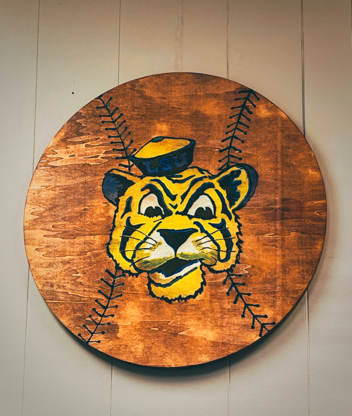 LSU Tiger Wood Burned Wall Art – 36” Handcrafted Wood Round