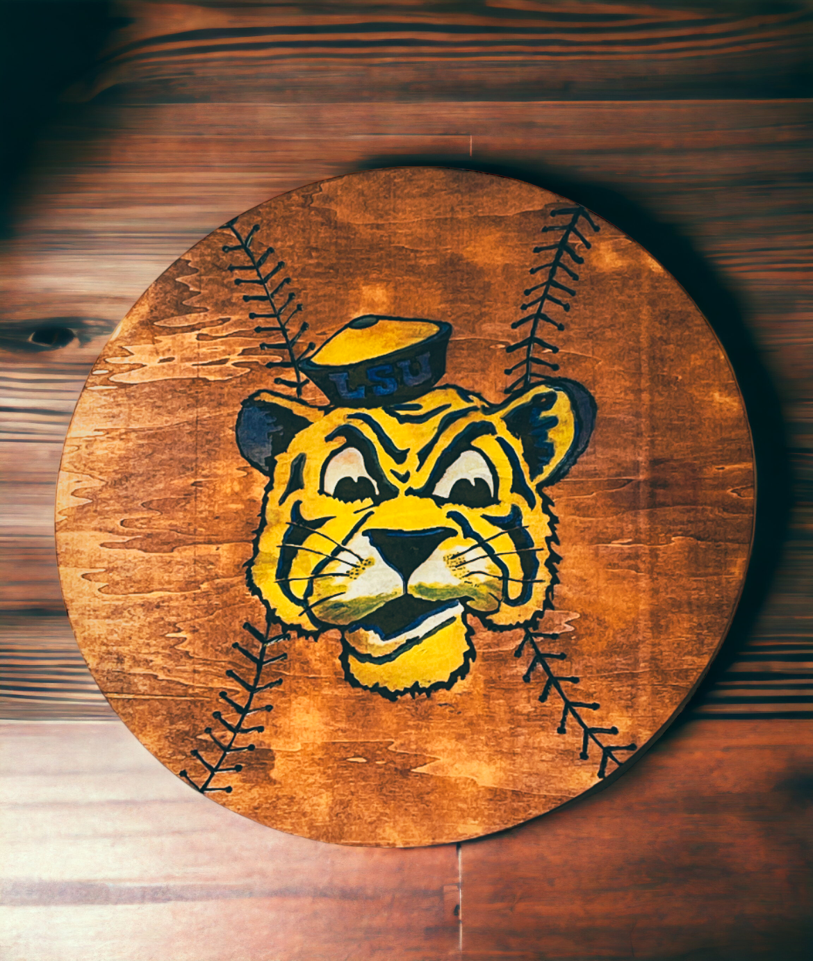 LSU Tiger Wood Burned Wall Art – 36” Handcrafted Wood Round