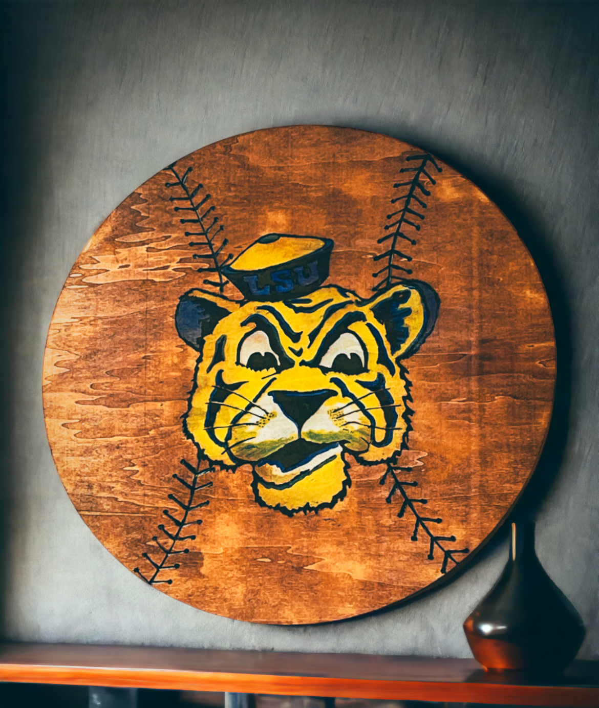 LSU Tiger Wood Burned Wall Art – 36” Handcrafted Wood Round