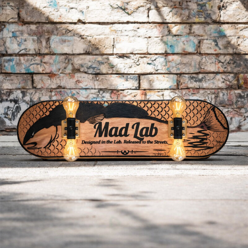 Mad Lab Custom Skate Deck Lamp – Hand Burned Wood Wall Light – Industrial Edison Lamp – Custom Name & Design