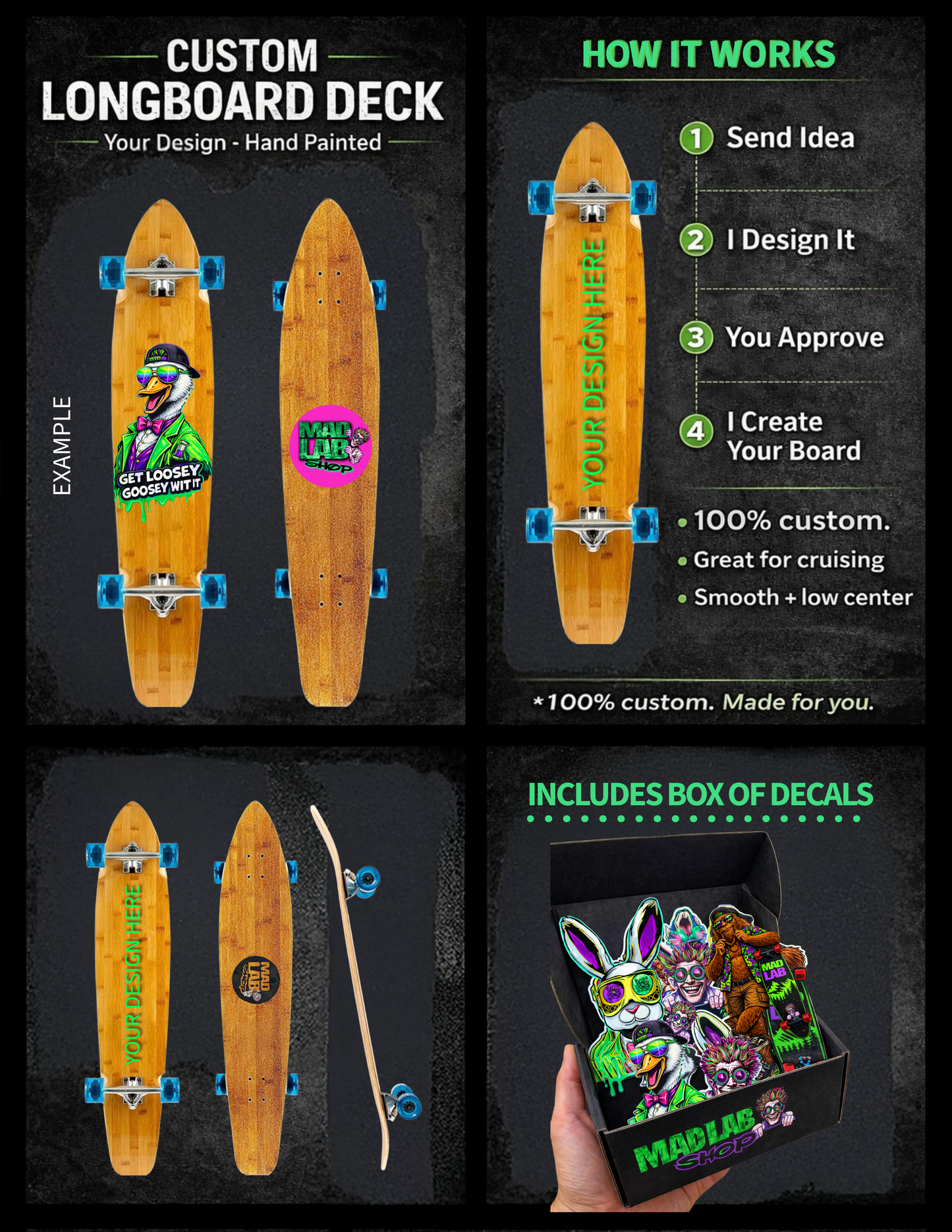 Mad Lab Custom Kicktail Cruiser Longboard 44"